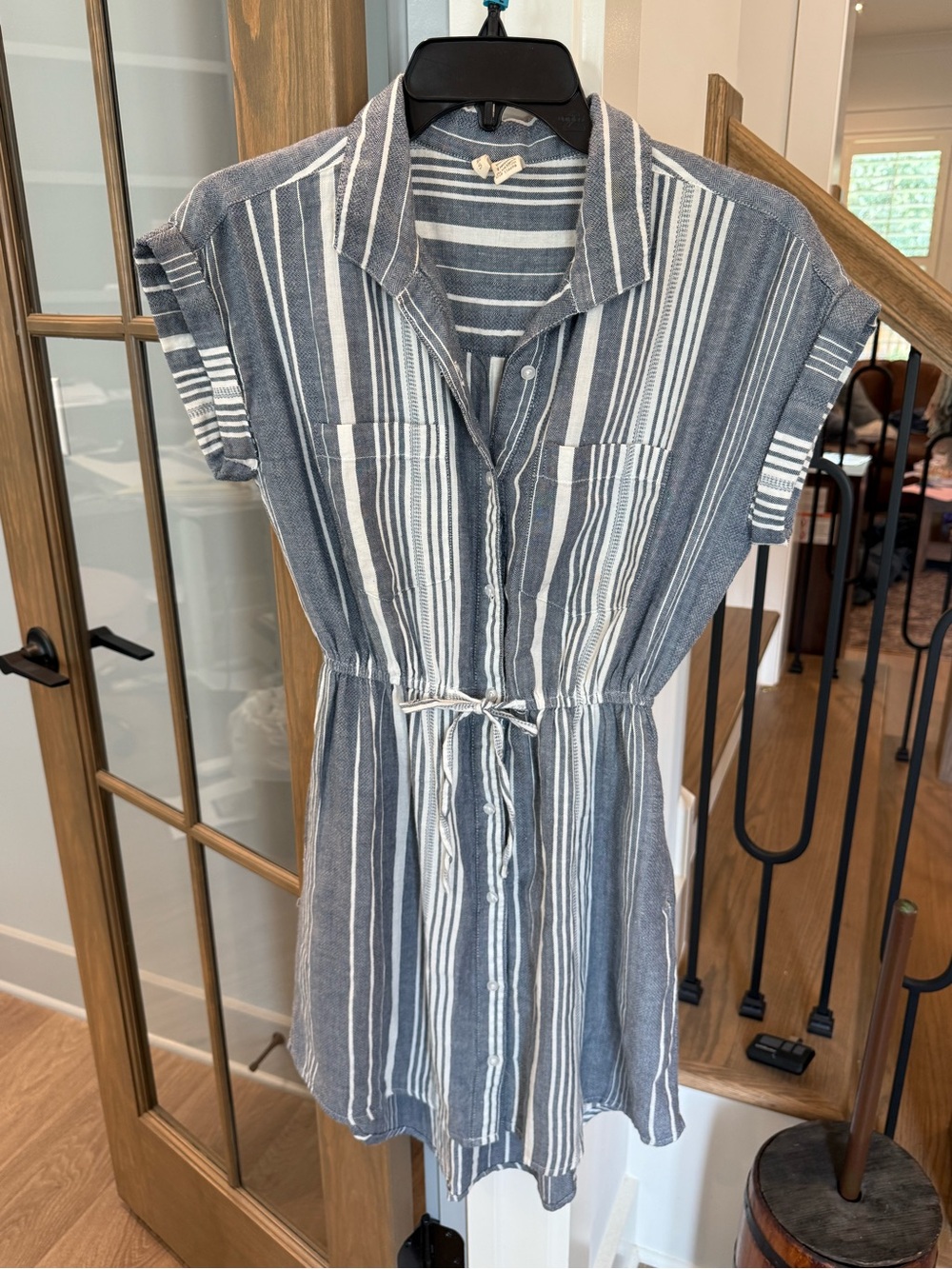 Japna Blue and White Striped Shirt Dress tie strap waist size small